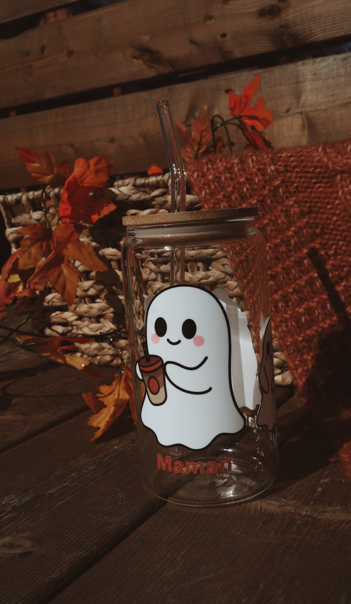 Verre personnalisé couvercle en bambou avec paille thème Halloween 2025 fantôme