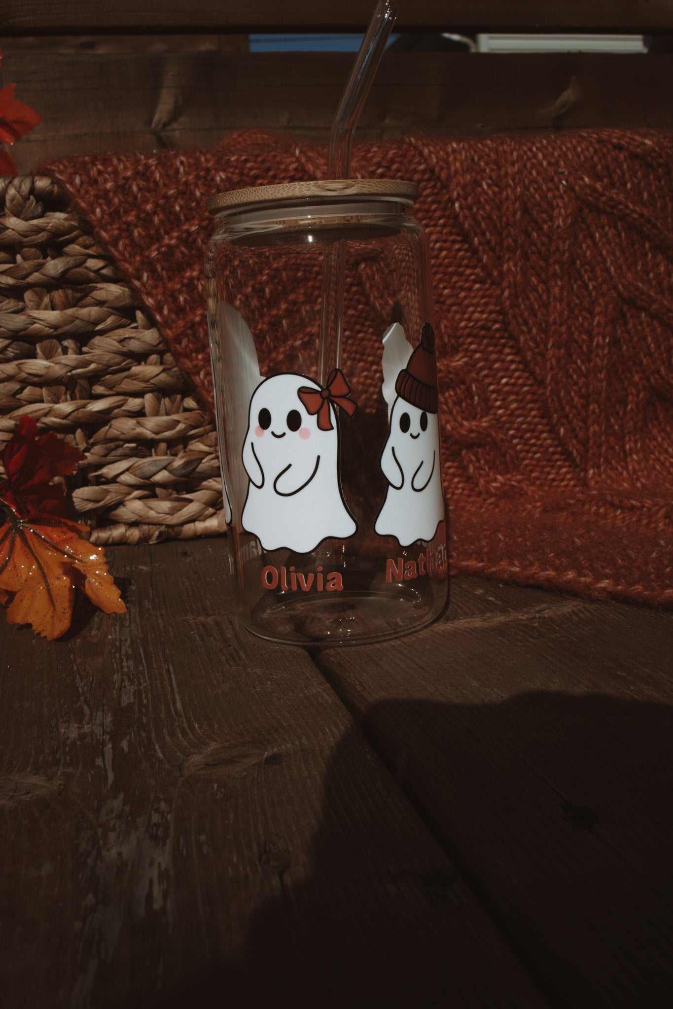 Verre personnalisé couvercle en bambou avec paille thème Halloween 2025 fantôme