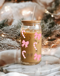 Verre avec couvercle de bambou de Noël canne de Noël et boucle Rose