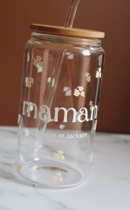 Verre avec couvercle en bambou Maman personnalisable avec le prénoms enfants