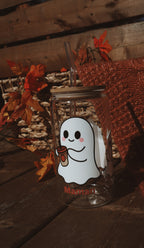 Verre personnalisé couvercle en bambou avec paille thème Halloween 2025 fantôme
